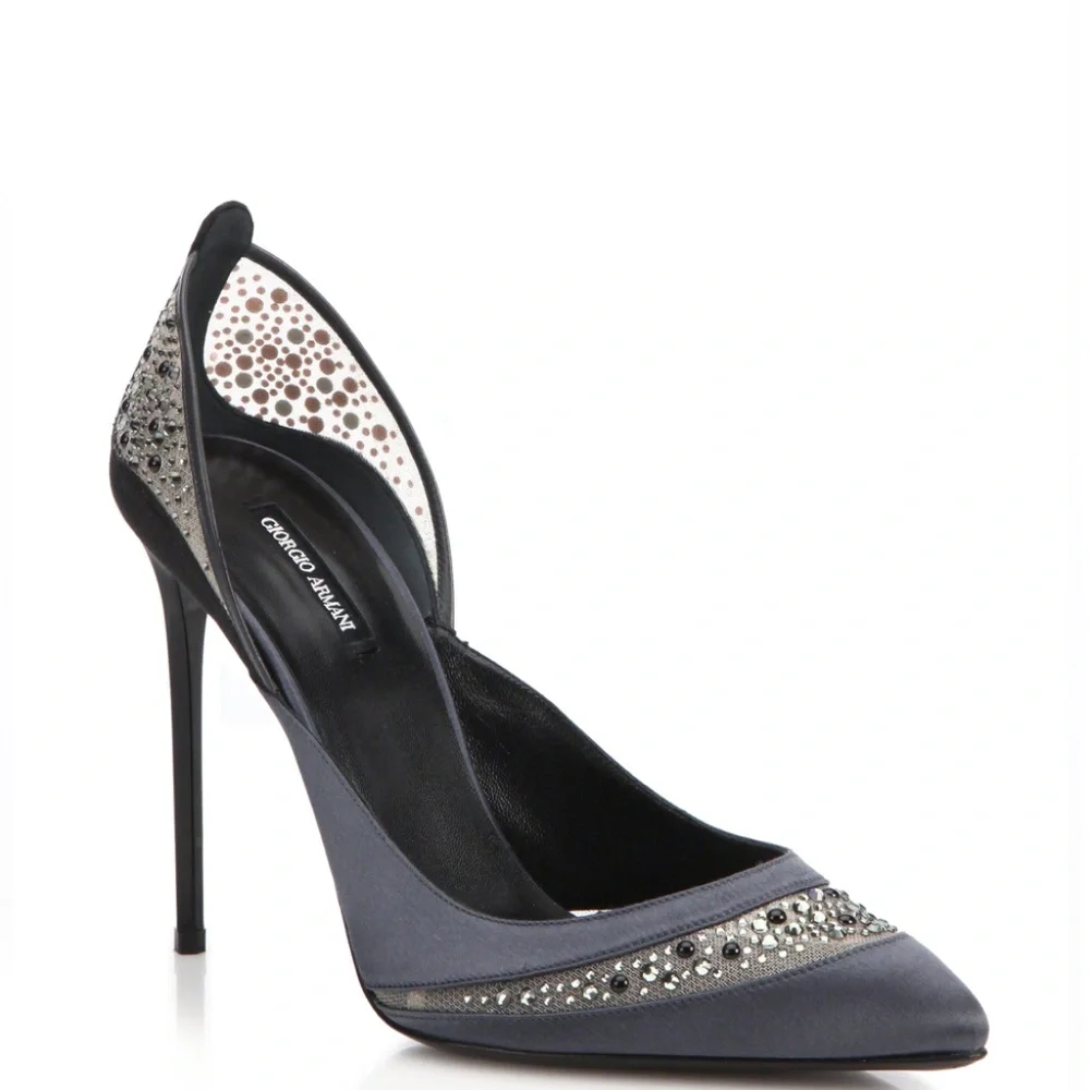 GIORGIO ARMANI Black, Gray, Satin, Mesh & Rhinestone Formal Heels - Size 6.5 - Picture 3 of 10